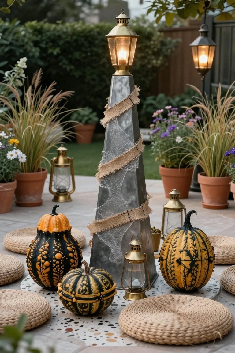Tall gray metal pillar wrapped in cobwebs and burlap ribbons on a stone patio, surrounded by black-and-orange painted pumpkins on seagrass mats, brass lanterns, and potted plants with garden lamps in the background.