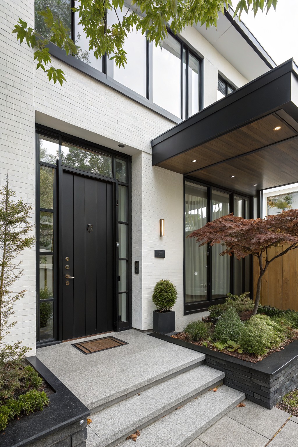 White brick house exterior with large black front door, black-framed glass panels, wooden cantilevered canopy, concrete steps, and low plantings around the entry.