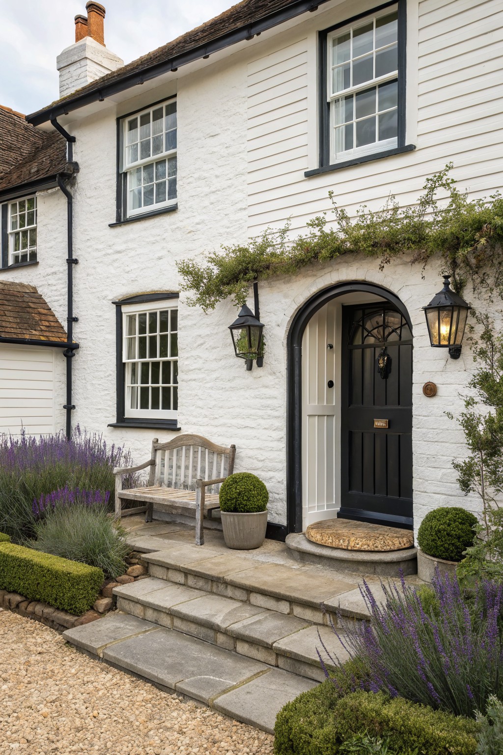 White clapboard house exterior with black trimmed windows, arched black front door with knocker, flanked by black lanterns, wooden bench on stone steps amid lavender plants and gravel driveway.