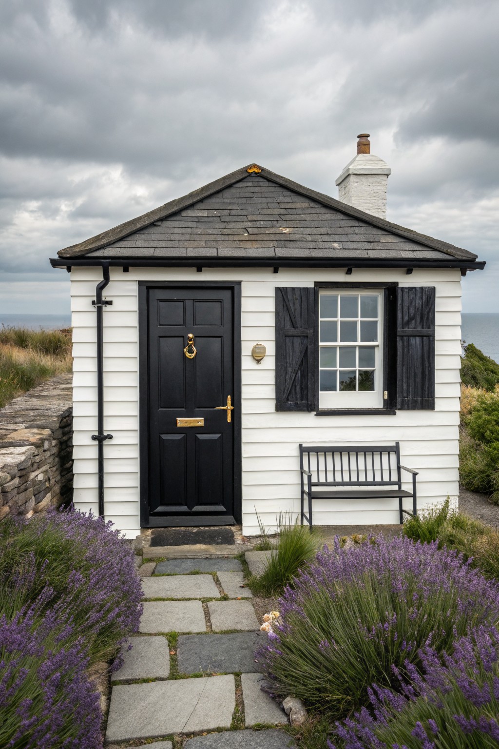 Small white clapboard cottage with black front door, gold knocker, black shutters on window, white chimney, black roof edges, stone path lined with lavender plants, stone wall, bench, and coastal view under cloudy sky.