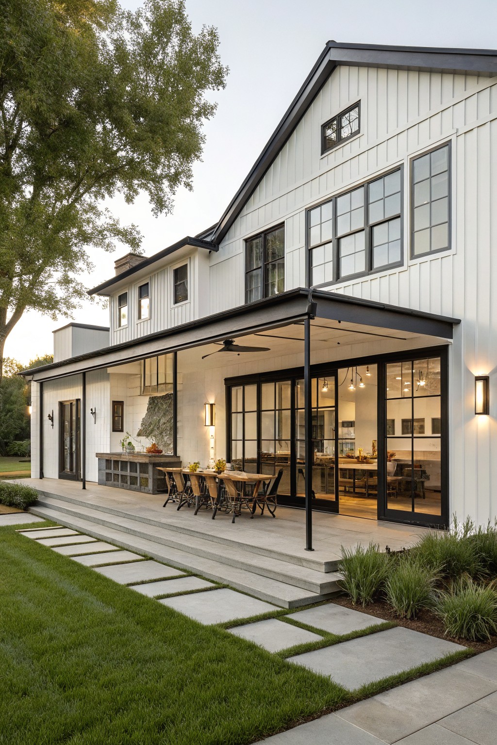 Side exterior view of a two-story white board-and-batten house with black trim, black steel-framed covered porch, glass doors, outdoor dining table, concrete steps, and lawn with plantings.