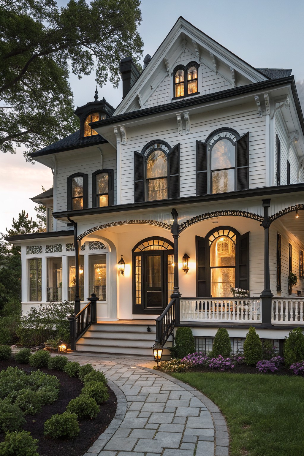 Two-story white Victorian house with black trim on arched porch, windows, and doors, stone pathway, landscaping, and lanterns at dusk.