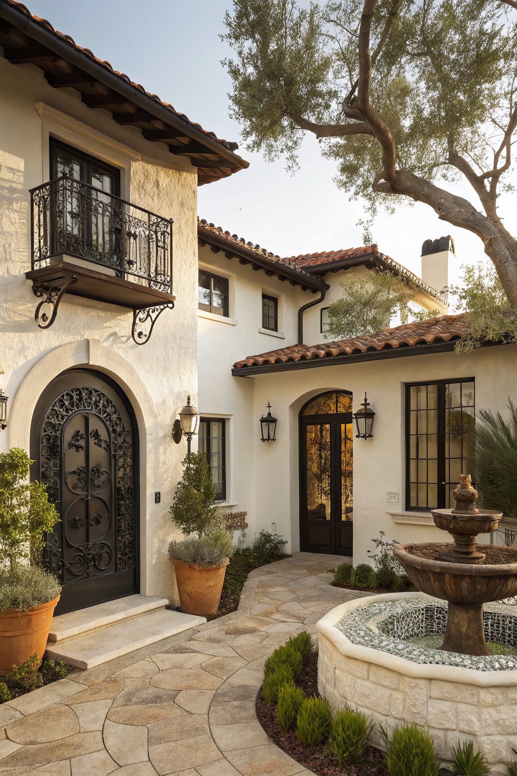 White stucco house exterior with large arched black wrought iron front door, black metal balcony railing above, black-trimmed windows, potted plants, stone pathway, and circular fountain.