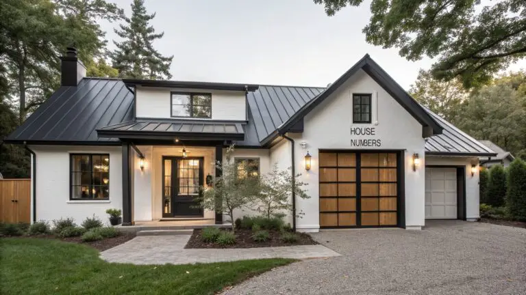 White clapboard two-story house with black standing-seam metal roof, black-framed windows, glass-covered entry porch with "HOUSE NUMBERS" sign, wooden garage door, landscaping beds, gravel path, and lawn at dusk.