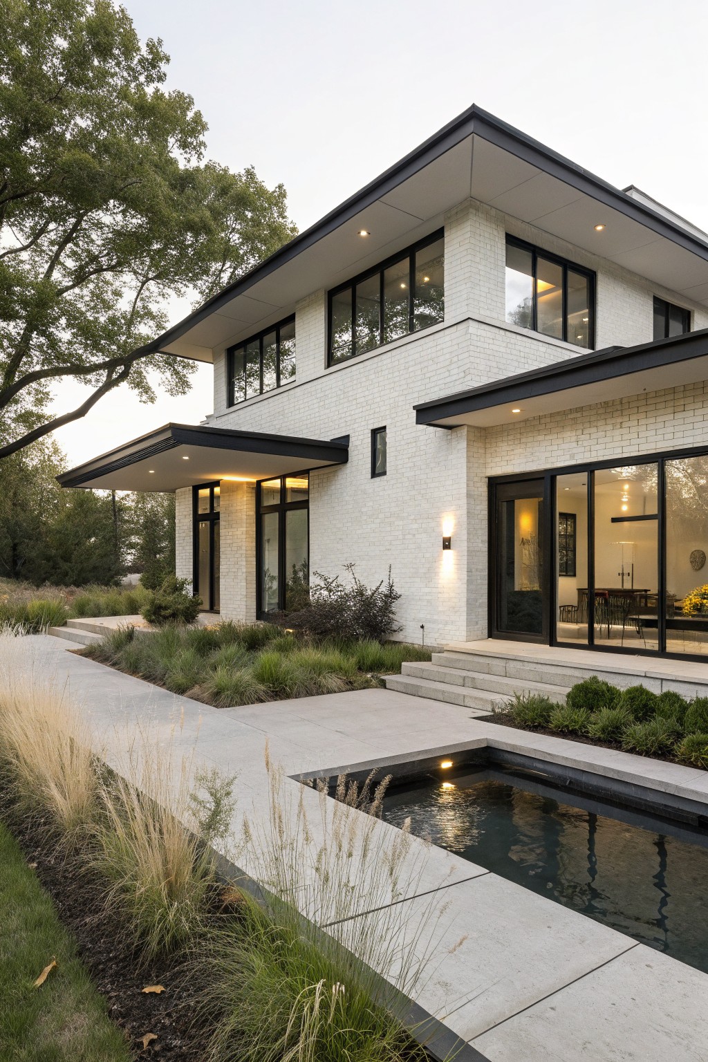 Two-story modern house exterior with white brick walls, black window frames and trim, cantilevered overhangs, entry path, ornamental grasses, shrubs, and a narrow reflecting pool along the concrete walkway.