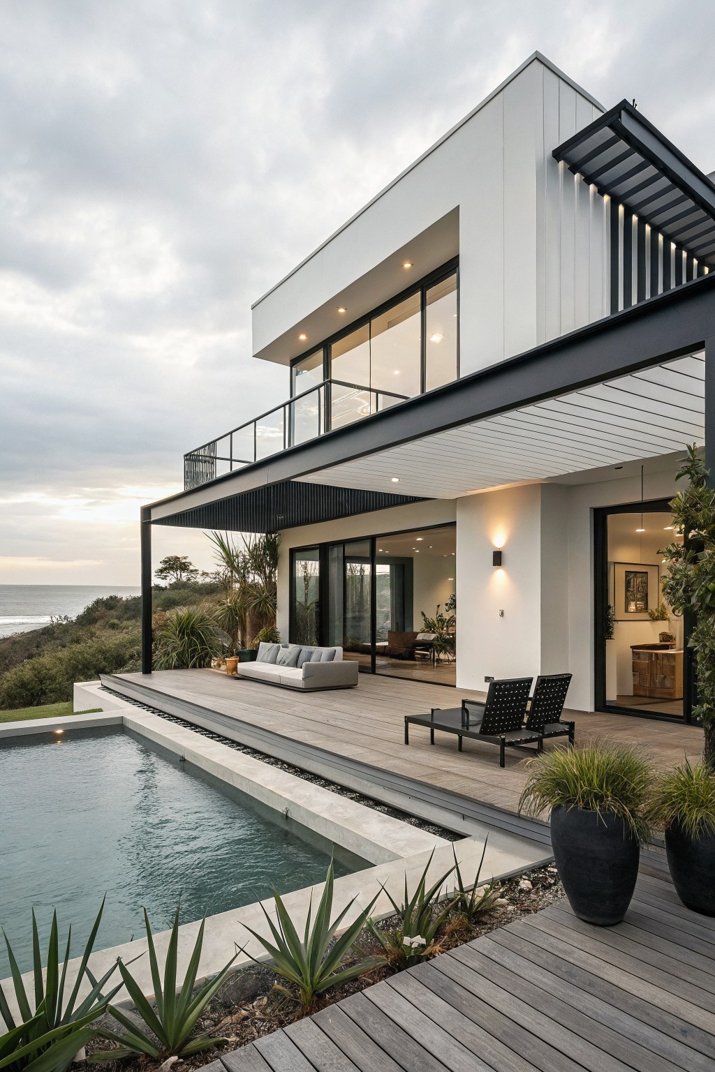 Modern two-story white house exterior with black metal frames on windows and doors, cantilevered balcony, infinity pool, and deck overlooking ocean and landscape.