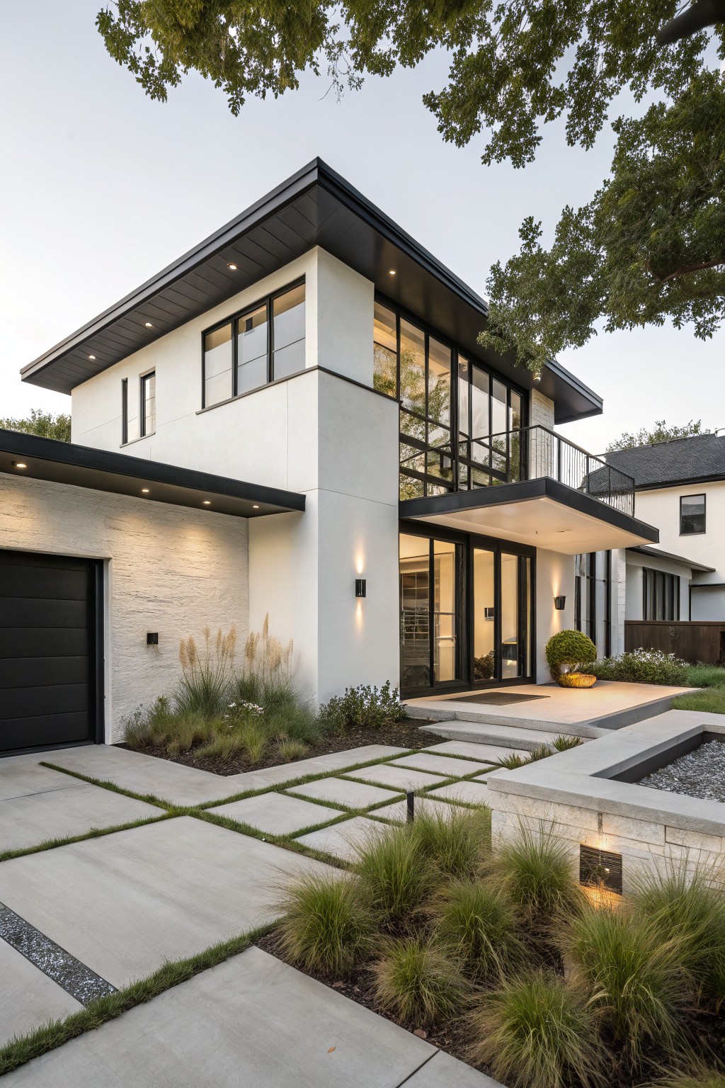 Two-story modern house with white stucco walls, black trim on windows and doors, black garage door, glass entry doors under a cantilevered overhang, concrete paver pathway with grass joints, and ornamental grasses in the front yard.