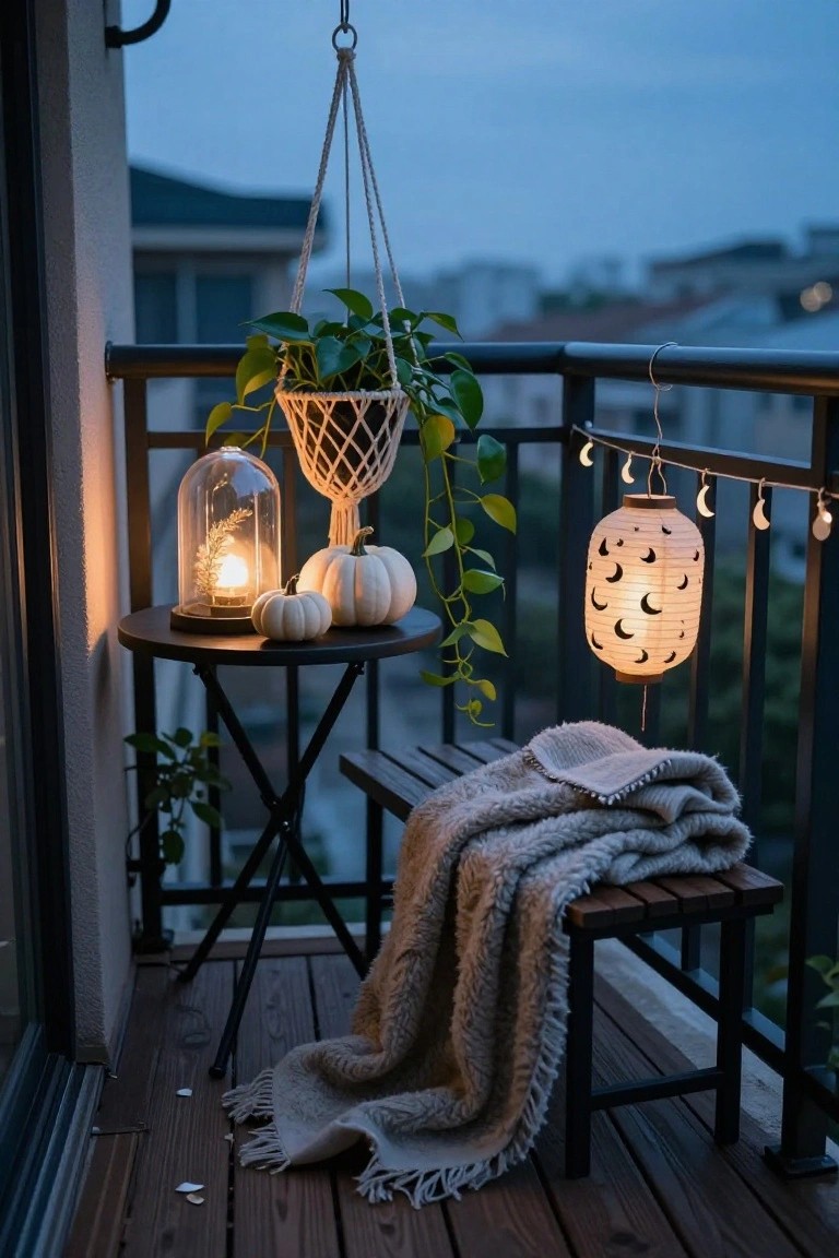 Balcony decorated for Halloween featuring two potted plants with colorful leaves, a small round table holding carved pumpkins and a white pumpkin in a metal bucket, hanging ghost lanterns and bat mobile, and a broom leaning on the railing.