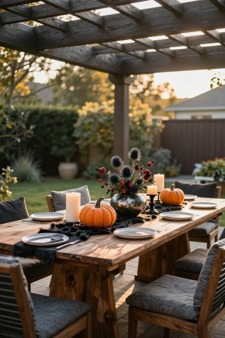Front yard Halloween display with multiple foam tombstones, jack-o-lanterns on pedestals, wooden crates, hay bales, and string lights in a mulch bed edged by grass, lit by a spotlight at dusk near suburban houses.