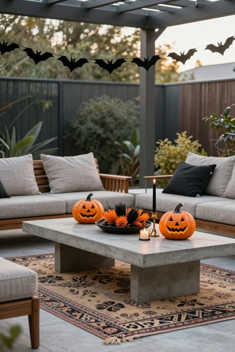 Wooden dining table on a shaded outdoor patio under a pergola draped with black bat and skeleton garlands, set with pumpkins, glass jars of orange drinks, plates with food, surrounded by metal chairs and potted plants.