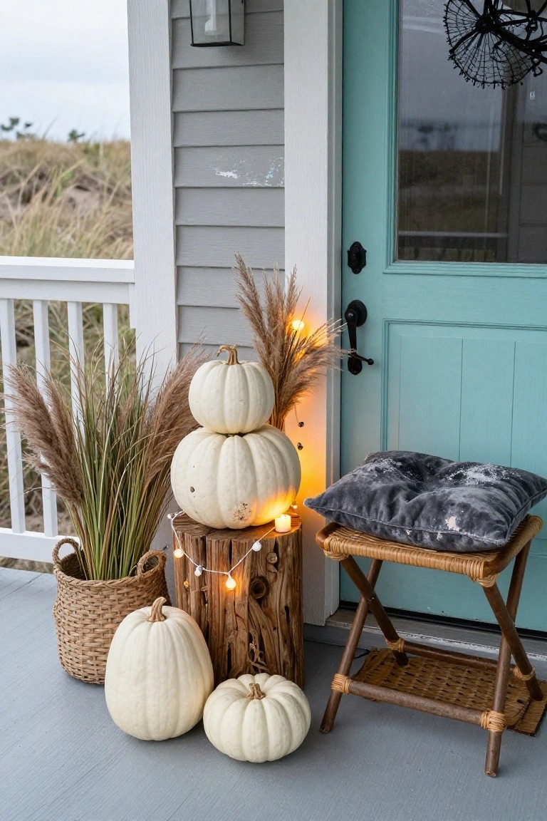 Screened porch featuring a couch made from stacked hay bales with plaid and black pillows, two stacked jack-o-lanterns beside it, potted plants, string lights, and a 