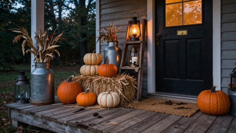 White farmhouse porch with hay bales stacked on steps holding carved orange pumpkins, cornstalks flanking the entry, a chalkboard sign reading Fall Nights, a ghost figure, a chair with plaid blanket, lantern, and potted mums.