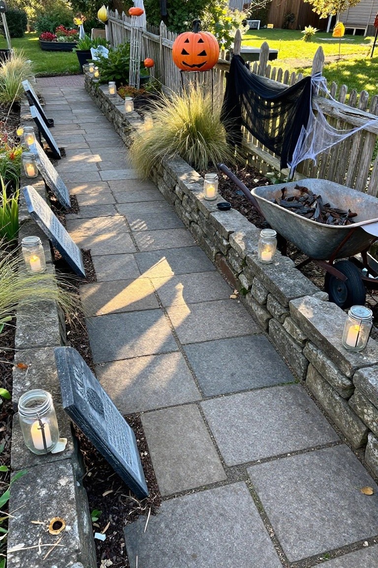 Stone pathway at dusk lined on both sides by black mesh fences with hanging white ghost cutouts, terracotta pots of lavender and rosemary plants, and small orange lanterns.