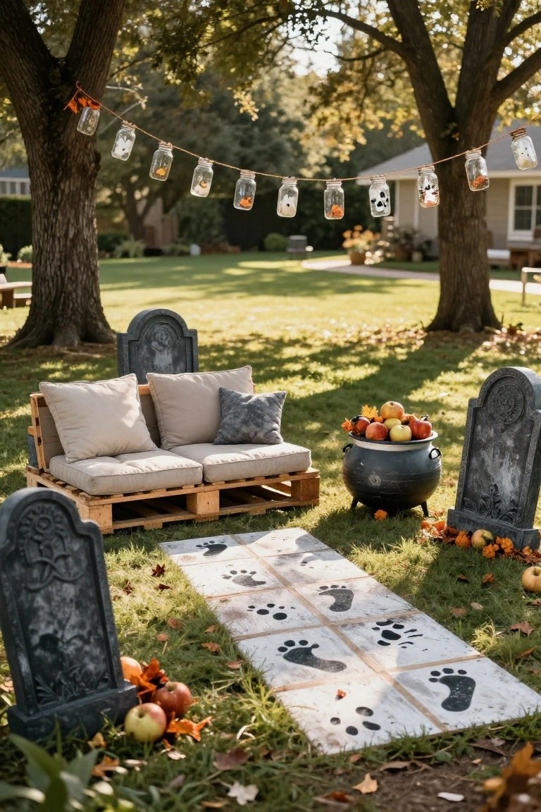 Backyard vegetable garden decorated for Halloween featuring tall and small black metal witch scarecrow figures, orange bunting flags, tomato plants on metal trellises, geraniums, pumpkins on a wooden bench with a linen blanket, and a sign reading 