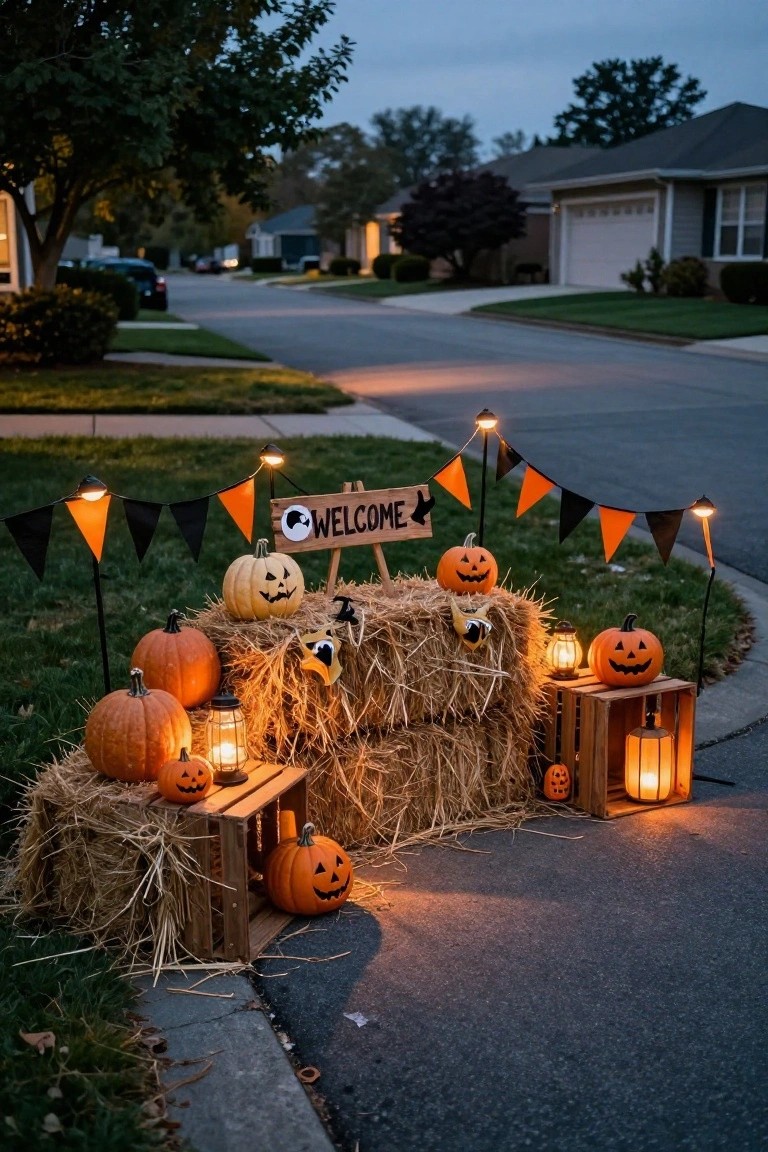 Front exterior steps of a brick house with black railings and door, featuring a leaning black-framed mirror, white wooden pedestal holding wire basket of small white pumpkins wrapped in black ribbons, large carved orange jack-o-lantern, and tin bucket of black roses on the sidewalk.