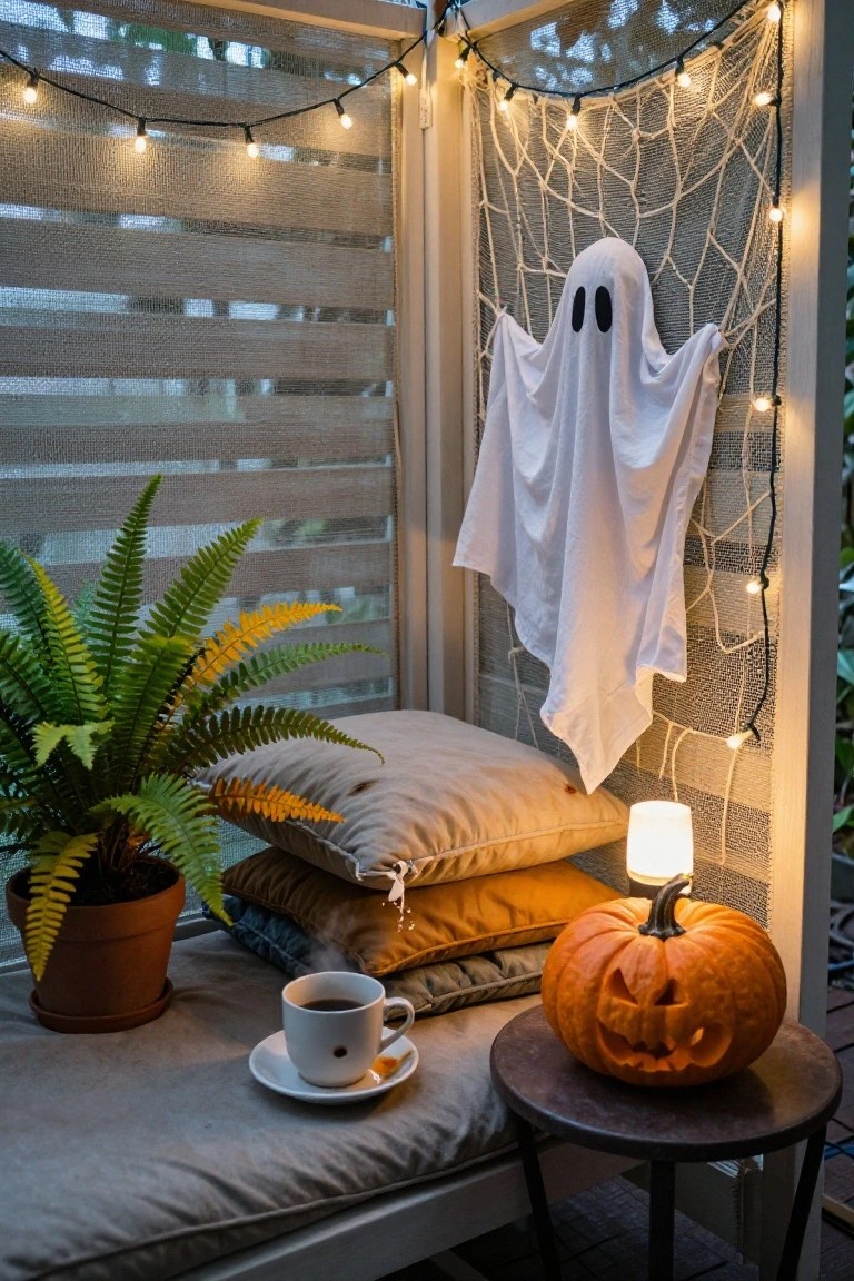 Stacked hay bales with carved pumpkins, plaid blankets, and Halloween decorations hanging from a tree in a grassy yard near a house.