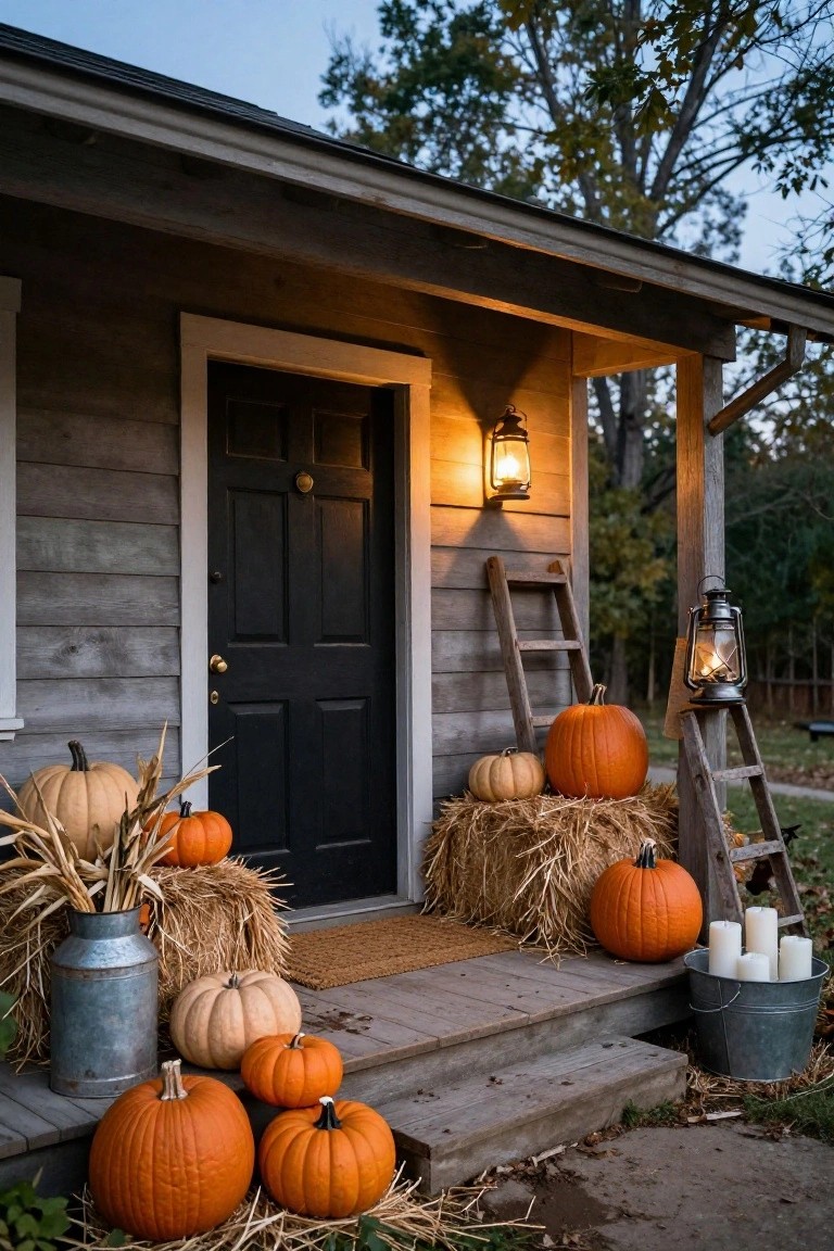 White farmhouse porch with hay bales stacked on steps holding carved orange pumpkins, cornstalks flanking the entry, a chalkboard sign reading Fall Nights, a ghost figure, a chair with plaid blanket, lantern, and potted mums.