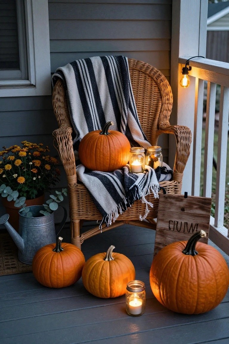 Stone pathway in a backyard at dusk lined with glowing mason jar lanterns, flanked by watering cans, pumpkins, white chrysanthemums, and a gravestone amid grass and shrubs.