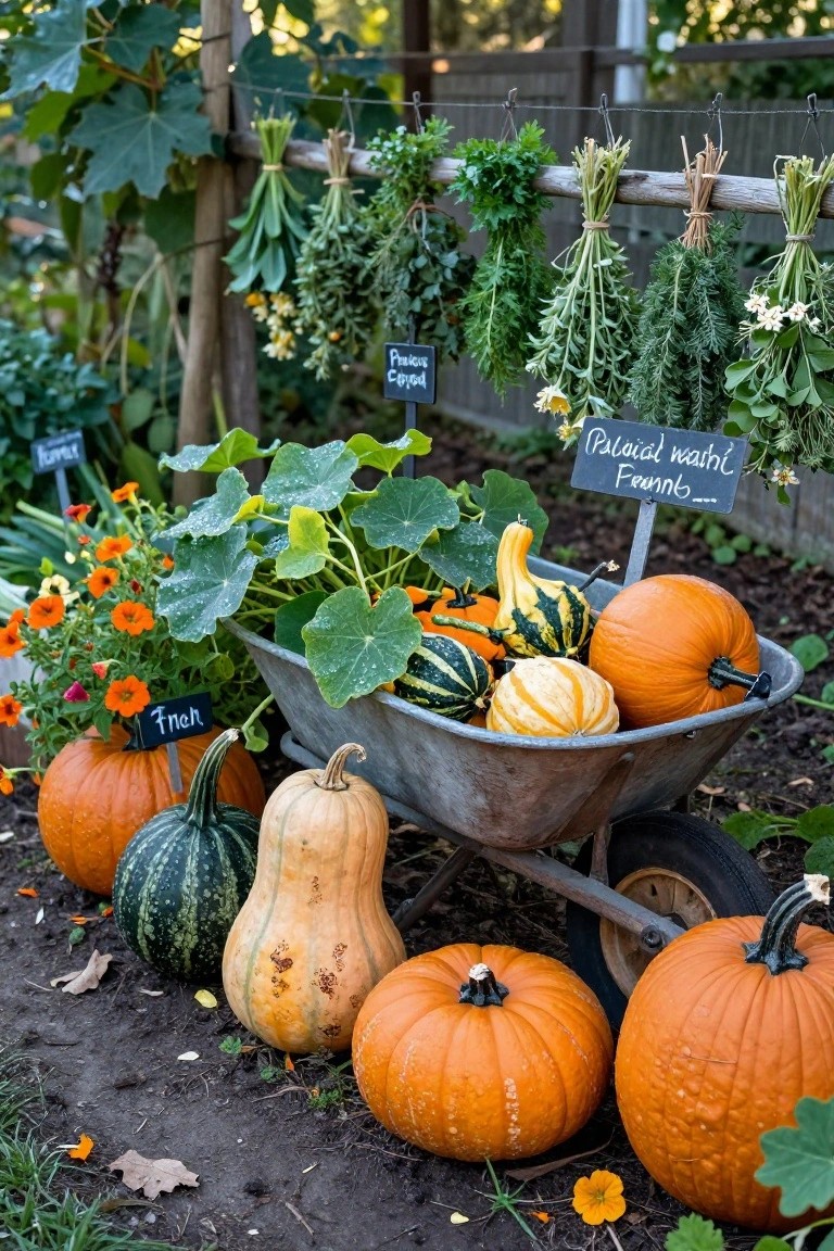 White board-and-batten house exterior with front door decorated for Halloween using stacked wooden crates with pumpkins and flowers, a leaning wooden ladder holding a galvanized bucket and pumpkins, a black crow figure, and a wooden welcome sign.