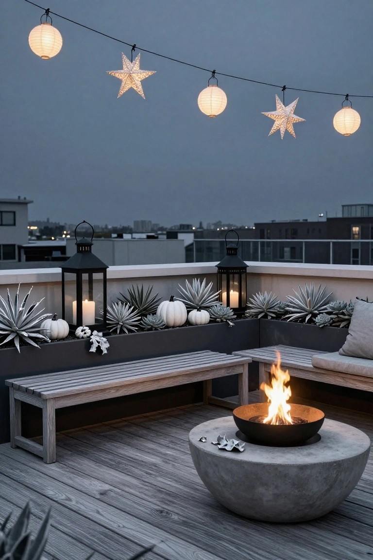 Covered outdoor lounge beside a turquoise pool with hanging striped curtains, potted grasses, a rustic wooden table holding carved pumpkins and white pillar candles, and a cushioned daybed draped in a knitted throw.