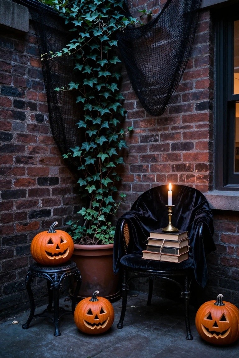Front porch featuring a large orange pumpkin, terracotta jug filled with clusters of dried rust-colored hydrangea flowers, wooden broomstick leaning on beige shiplap siding, bat-shaped metal mailbox mounted nearby, seagrass rug on gray porch decking.