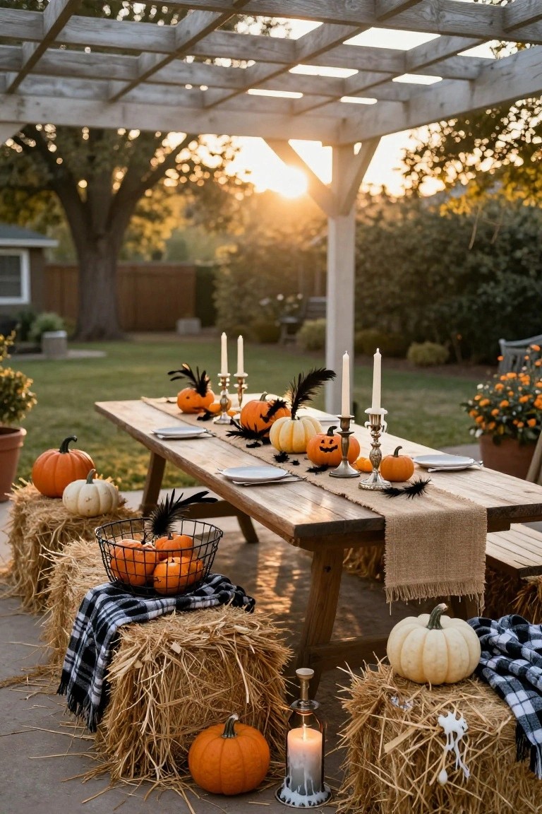 Gray shingle house exterior featuring a dark front door with wheat wreath, white pumpkins in wooden crates on both sides, white ghost cutouts staked in yard near plants and door, black lantern on ground.