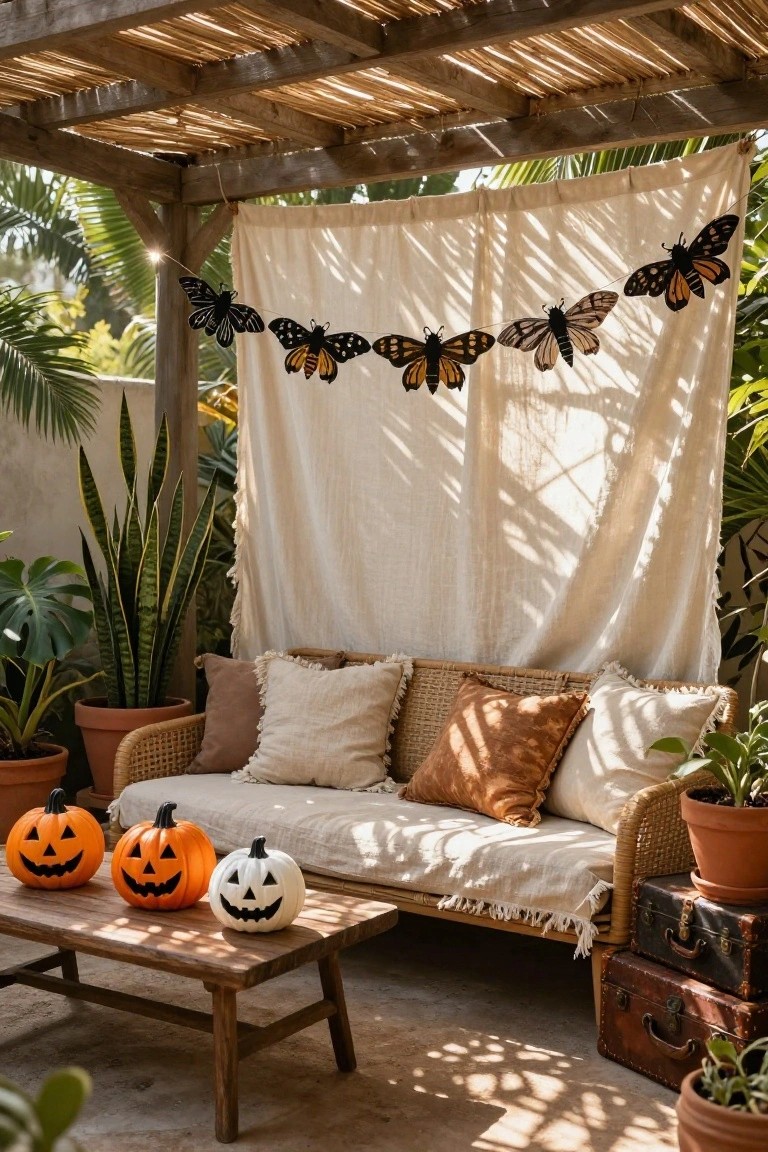 White porch railing decorated with black bat garland, hanging orange pumpkins and white spider webs, a lit metal lantern draped in knit nearby, wooden planter box with green plants, and stack of old books on the gray deck.