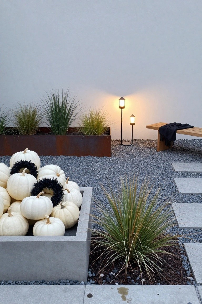 Wooden crate shelf mounted on a brick exterior wall, displaying potted green succulents, small clay pots, a metal lantern, and black and orange decorative skulls with trailing plants hanging down.