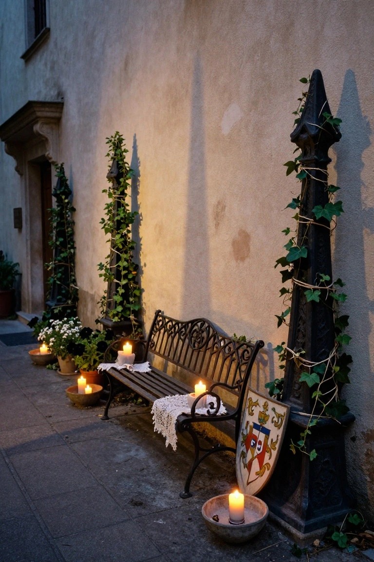Galvanized wheelbarrow filled with orange pumpkins, white pumpkins, and green striped gourds on grass in front yard, stacked vintage suitcases nearby with sunflowers and burlap banner reading POT o T, gray house in background.