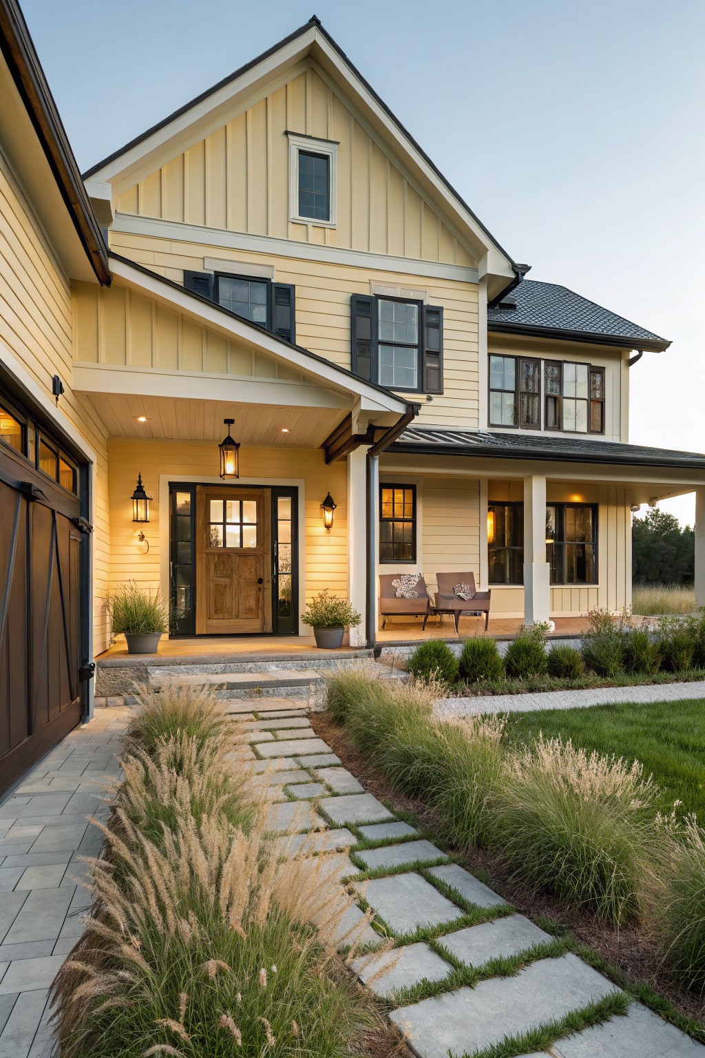 Pale yellow two-story house with black shutters, wooden front door, lanterns on covered porch with chairs, attached garage, stone pathway through ornamental grasses, at dusk.