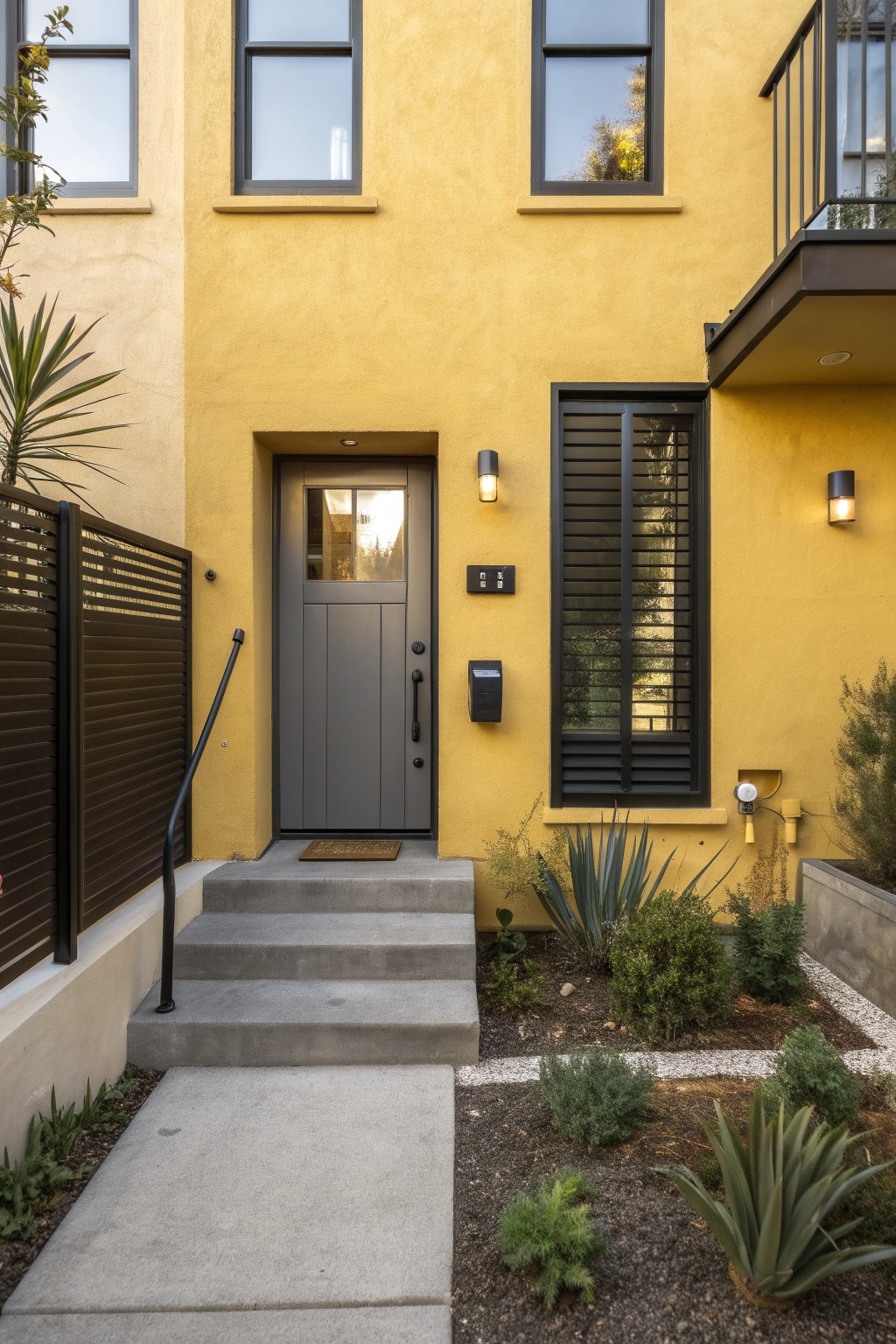 Yellow stucco house facade with gray paneled front door, black louvered shutters on adjacent window, metal balcony railing, entrance steps, and gravel garden bed with succulents.