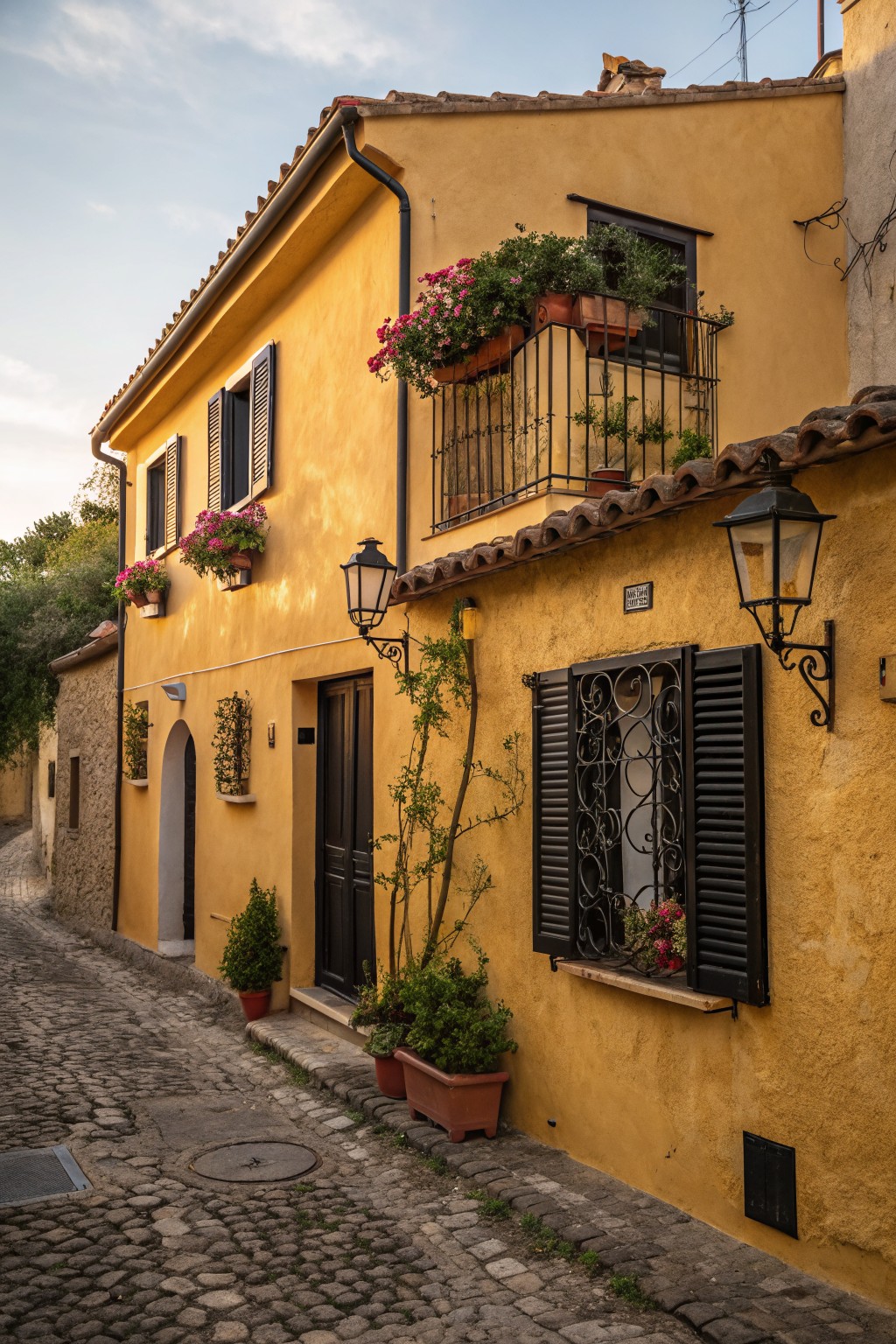 Two-story yellow stucco house with black louvered shutters, wrought iron balcony and window grilles, flower boxes with pink blooms, wall lanterns, and potted plants beside a narrow cobblestone street.