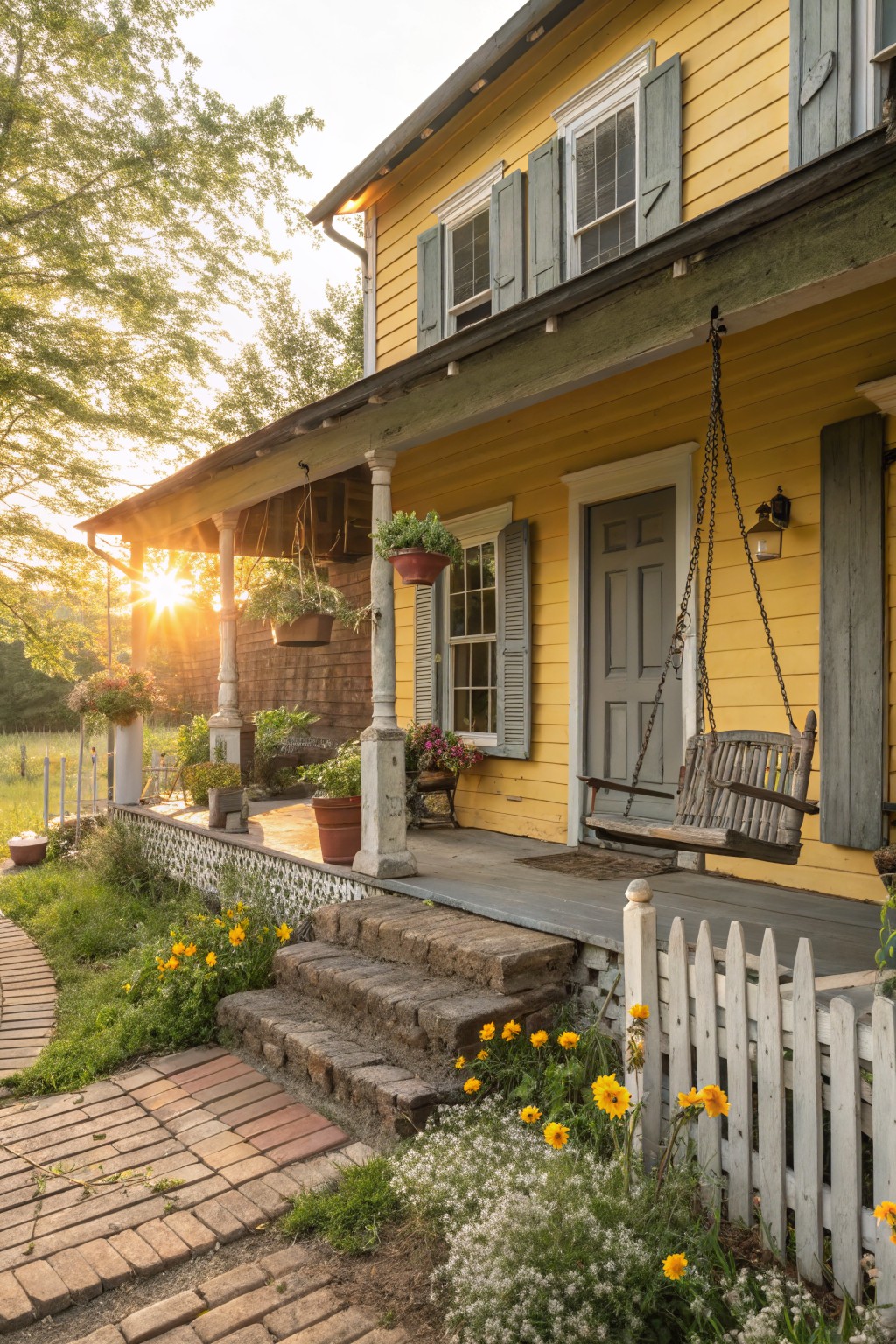 Yellow clapboard house with blue shutters, gray front door, porch swing, hanging plants, potted flowers, brick steps, white picket fence section, and garden beds at sunset.