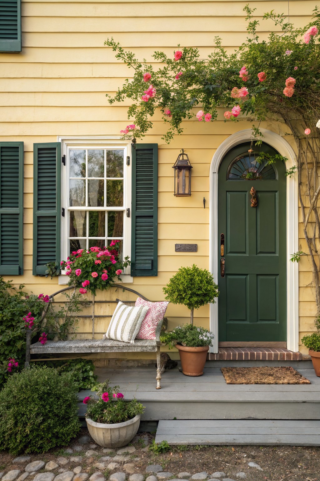 Pale yellow clapboard house exterior with dark green shutters on open multipane windows, arched green front door with lion knocker and stained glass fanlight, climbing pink roses on the wall, wrought iron bench with cushions, potted plants, boxwood shrubs, lantern light, and stone path.