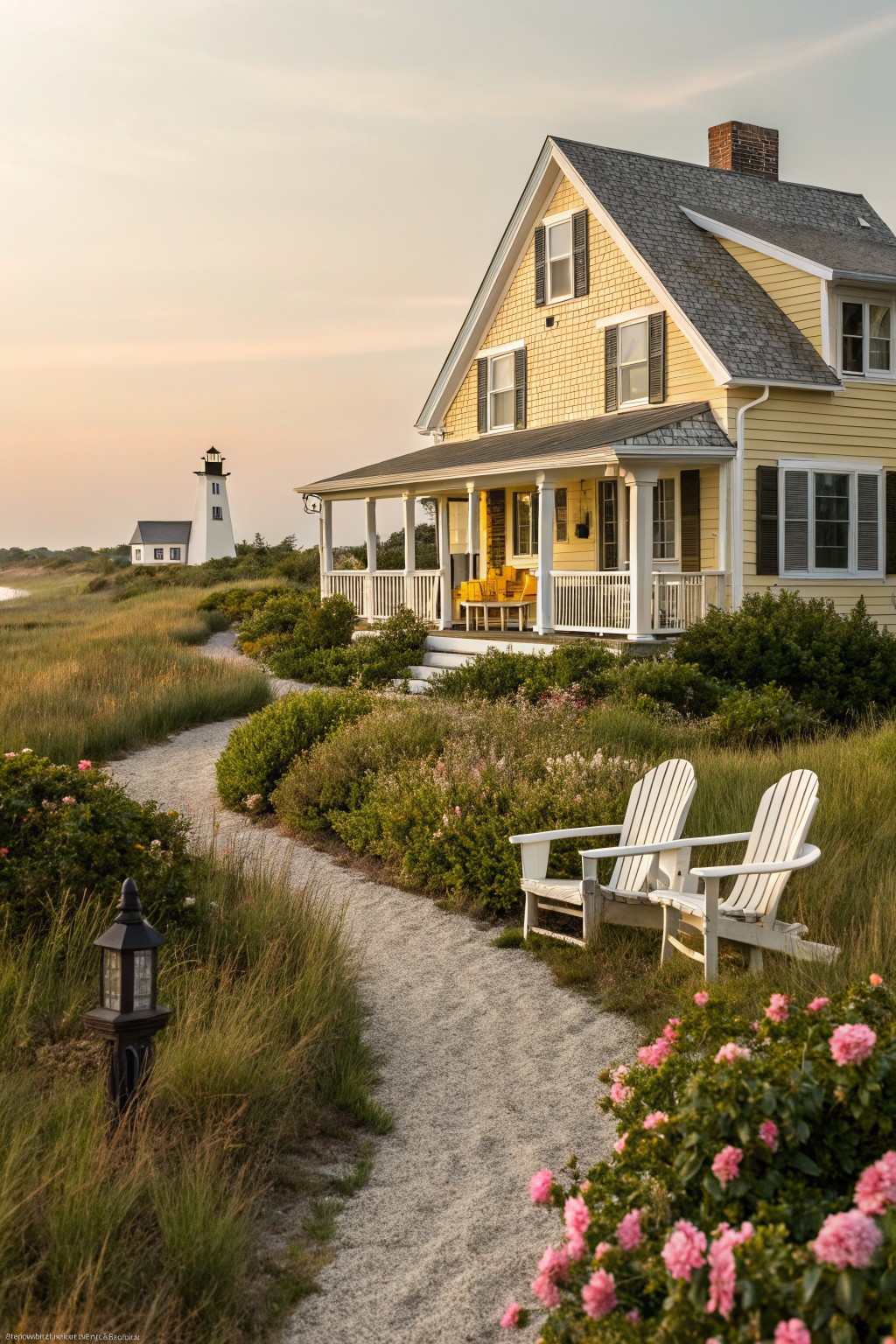 Pale yellow shingled house with dark shutters, white-trimmed windows, and wraparound porch with yellow chairs and benches, gravel path through grass and pink rose bushes leading toward a distant white lighthouse at dusk.
