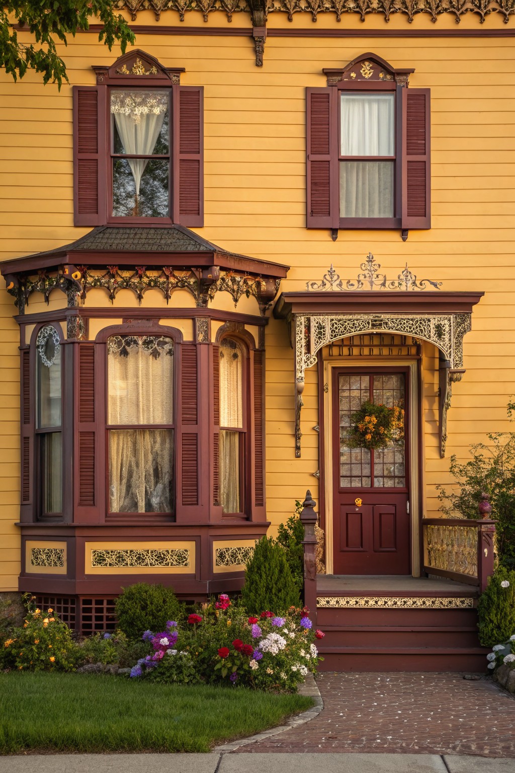 A two-story yellow Victorian house with deep red shutters, arched windows, bay window, ornate front porch, red door with wreath, and flower beds along brick path.