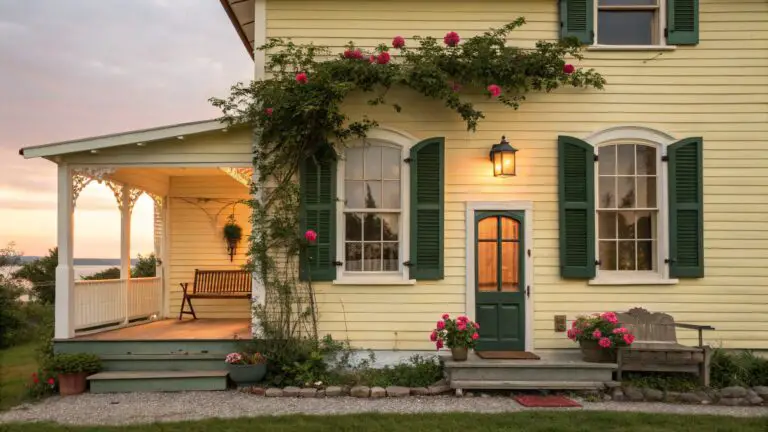 Pale yellow clapboard house exterior with dark green shutters on open multipane windows, arched green front door with lion knocker and stained glass fanlight, climbing pink roses on the wall, wrought iron bench with cushions, potted plants, boxwood shrubs, lantern light, and stone path.