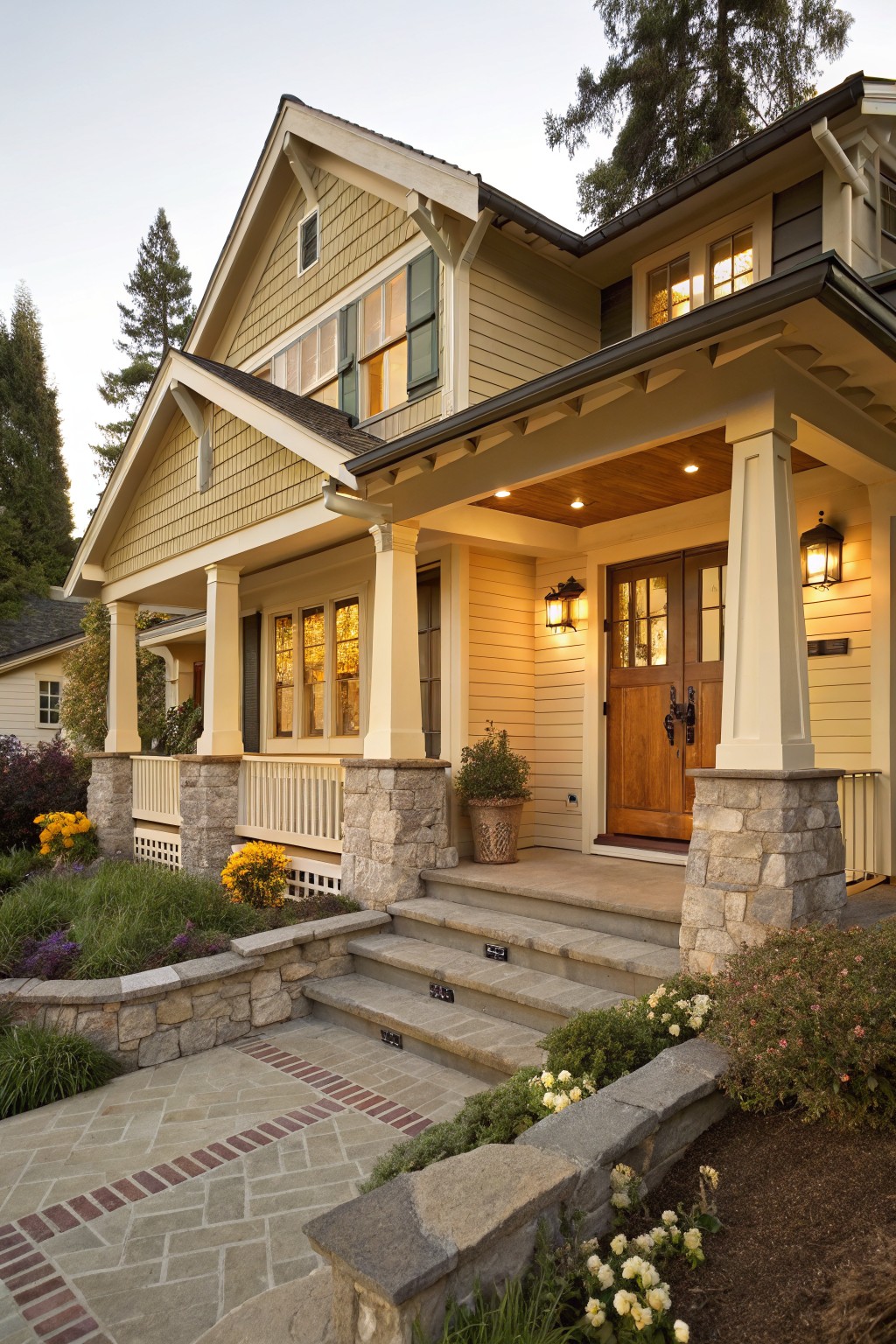 A Craftsman-style yellow house exterior featuring green shutters on multiple windows, a covered front porch with stone pillars and wooden double doors, steps with stone walls, brick-patterned path, and landscaped front yard with flowers and shrubs.