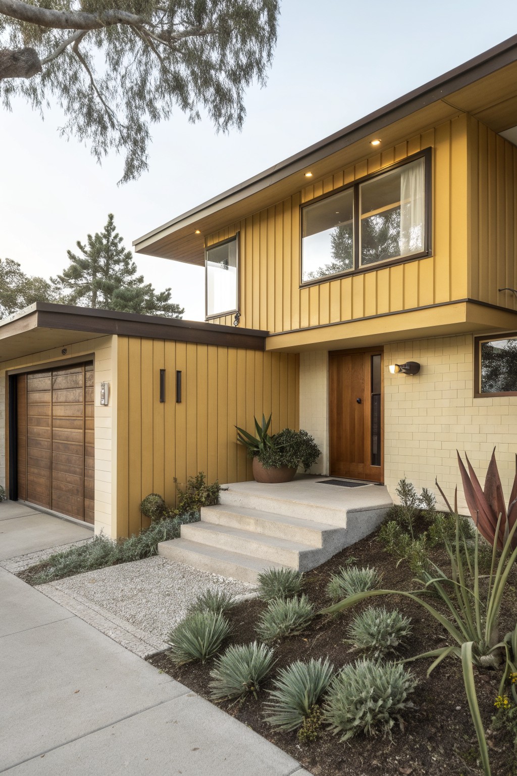 A mid-century modern house exterior painted mustard yellow with vertical siding, featuring a wood garage door, front entrance with steps, and drought-tolerant plants along the sidewalk.