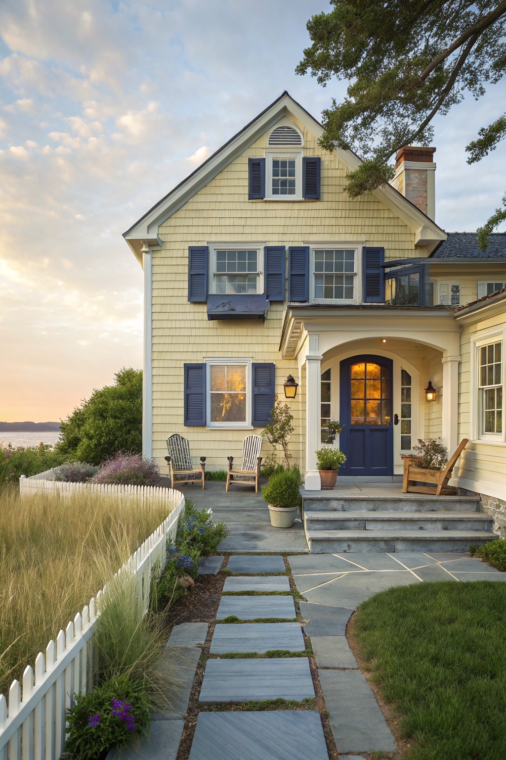 Pale yellow shingled house exterior with navy blue shutters on windows, dark blue arched front door, Adirondack chairs on porch, stone steps and path, white picket fence, ornamental grasses, and waterfront view at sunset.
