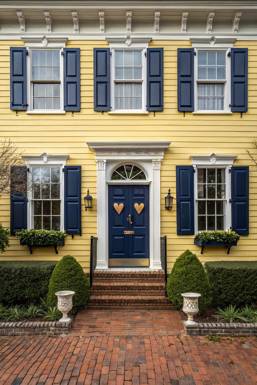Two-story yellow clapboard house with navy blue shutters on all windows, navy blue front door with two gold heart decorations, white trim, brick entry steps, potted plants, and boxwood shrubs.