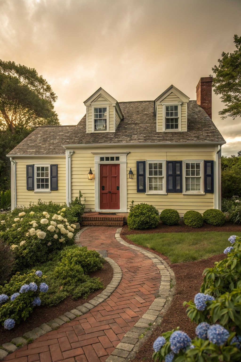 Pale yellow clapboard house with dark blue shutters on windows, red double front door with lanterns, brick curved pathway, hydrangea bushes, and boxwoods in yard at dusk.