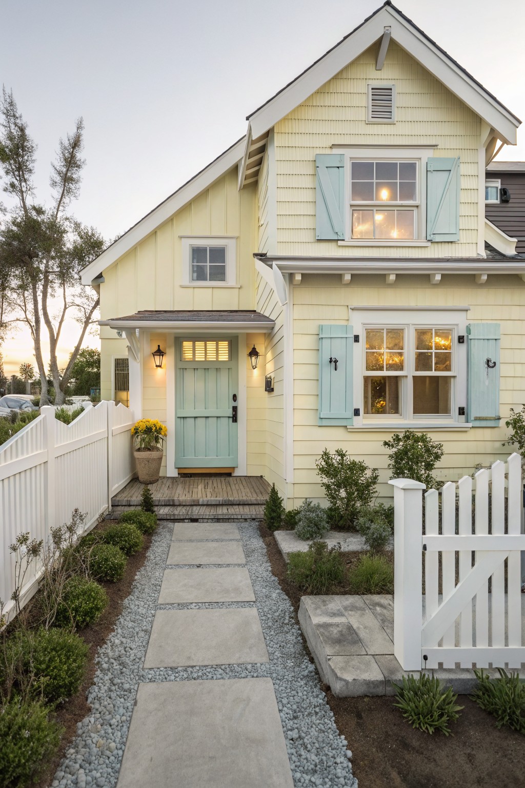 Pale yellow clapboard house with teal shutters on upper and lower windows, teal front door, white picket fence, stone walkway, potted plants, and low shrubs in the front yard at dusk.