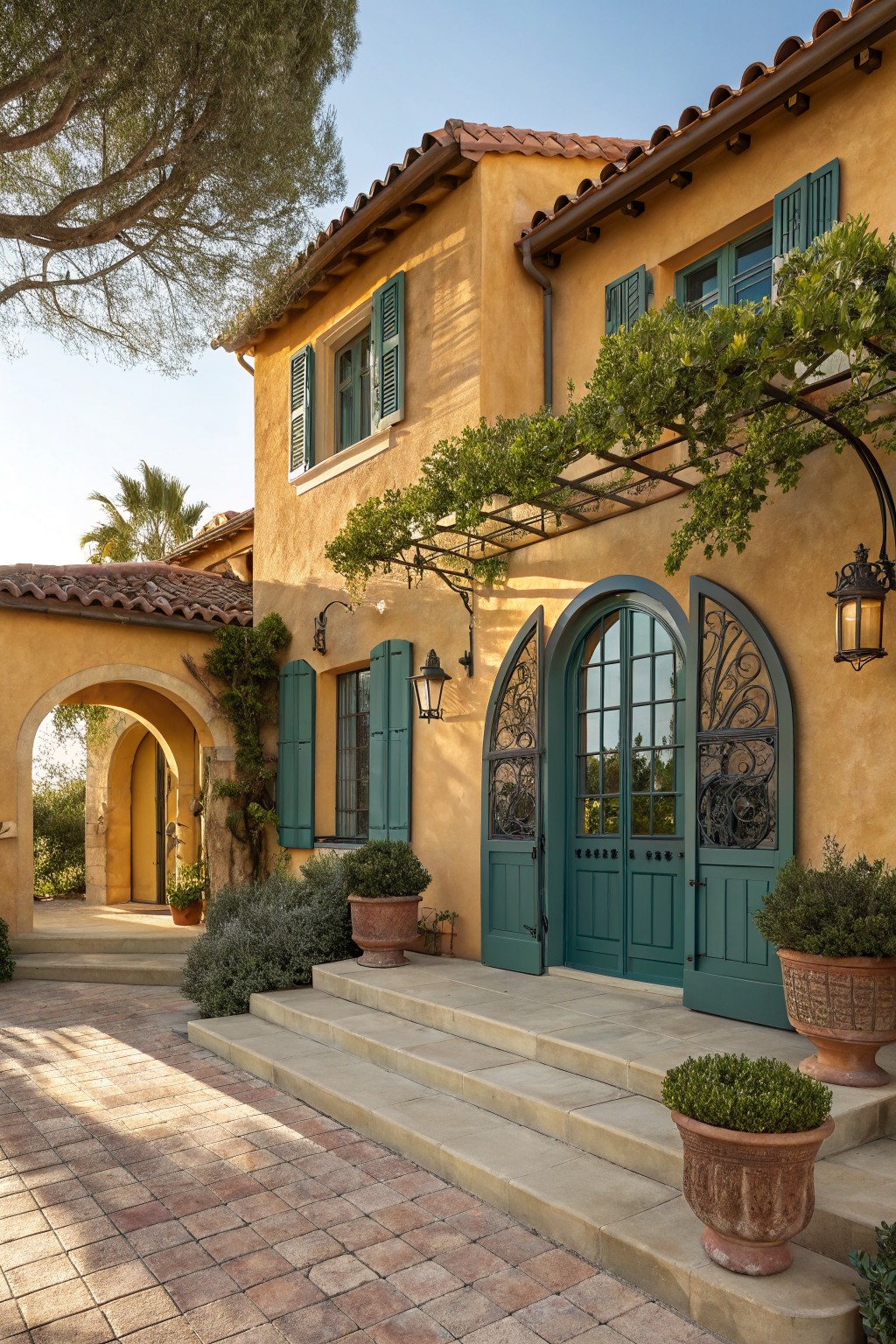 Yellow stucco house exterior featuring teal shutters on windows, a large arched teal front door with wrought iron details, wall lanterns, terracotta roof tiles, potted plants, and a brick walkway with stone steps.
