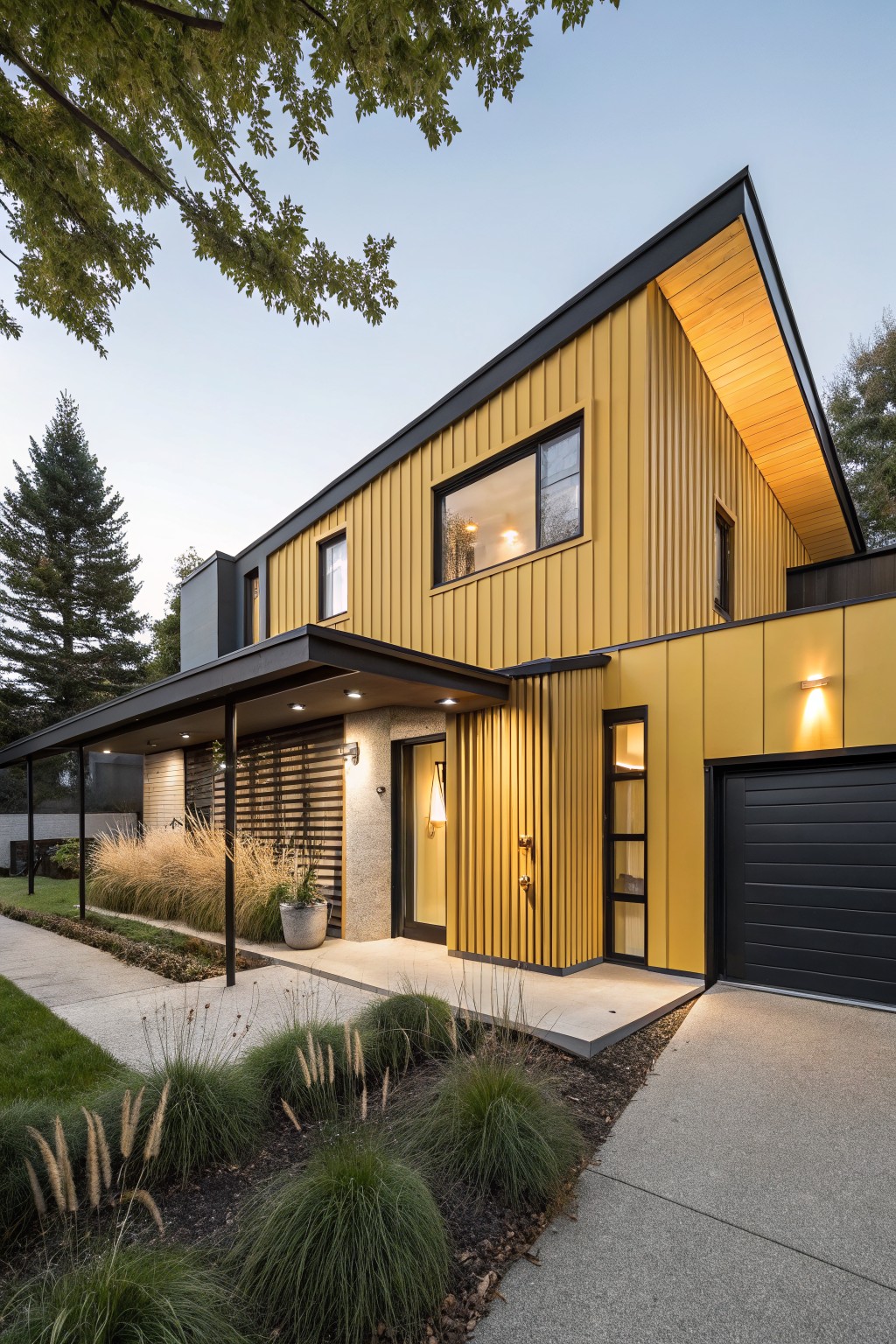 Modern two-story house exterior with yellow vertical board-and-batten siding, black metal roof and trim, covered entry porch, black garage door, and ornamental grasses along the concrete path at twilight.