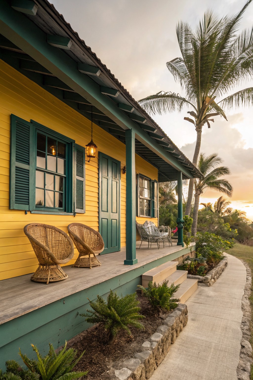 A yellow clapboard house with green shutters on the windows, green front door, and green-trimmed porch supported by columns, furnished with rattan chairs, beside palm trees and a stone-edged path at sunset.