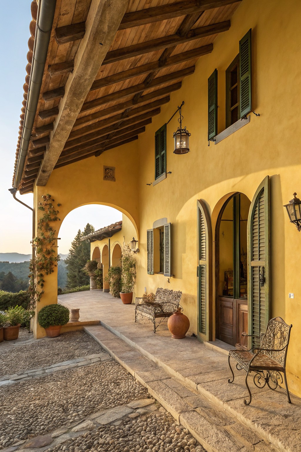 Yellow stucco house exterior with green wooden shutters on windows and double doors, arched entryway opening to a stone terrace with wrought iron furniture, potted plants, and a gravel path in front of wooded hills at dusk.