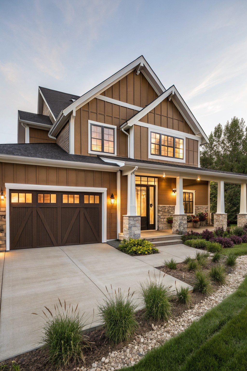 Two-story house exterior at dusk with brown board-and-batten siding, white trim on gables and windows, covered front porch supported by stone columns, dark paneled garage doors, concrete driveway, and low plantings along the edges.