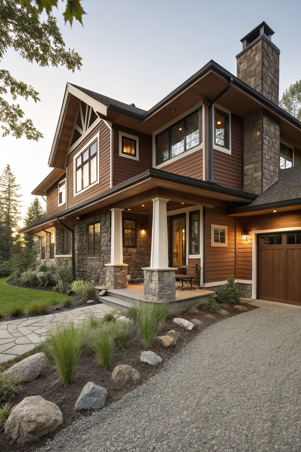 Brown wood-sided house exterior with stone pillars supporting covered porch, stone chimney, white trim on windows and doors, attached garage, gravel driveway, and surrounding shrubs and trees.