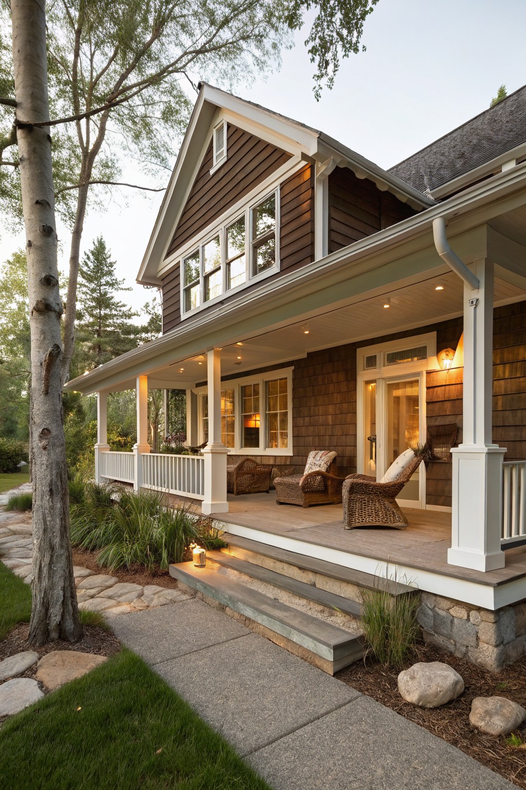 Two-story brown shingled house with white window trim and large covered front porch with wicker chairs, flanked by birch trees and leading to concrete steps with stone path.